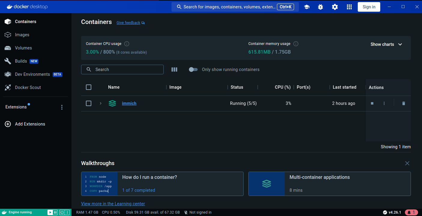 Immich in Docker Desktop